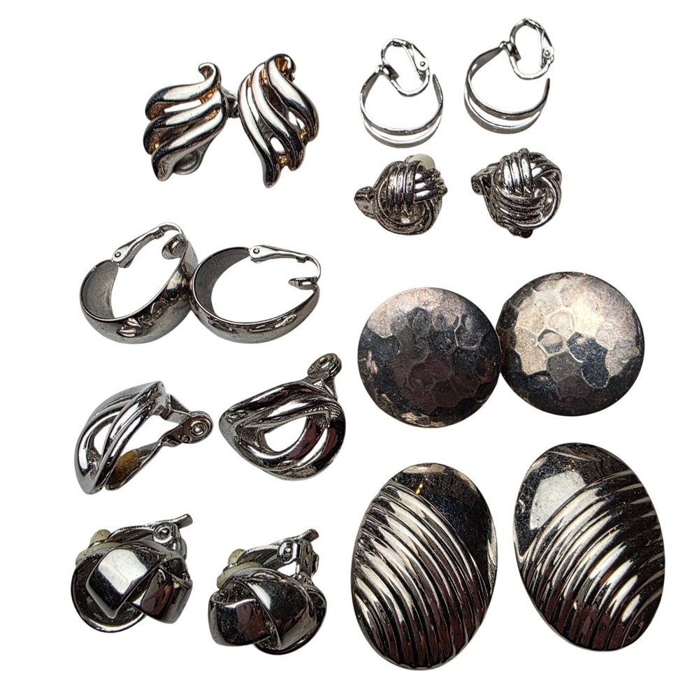 Vintage‎ Silver Tone Clip On Earring Lot 8 Pairs Monet Hammered Knot Ribbed B2